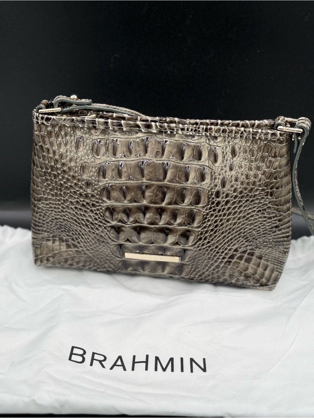 Brahmin Metallic Taupe Croc-Embossed Crossbody Bag